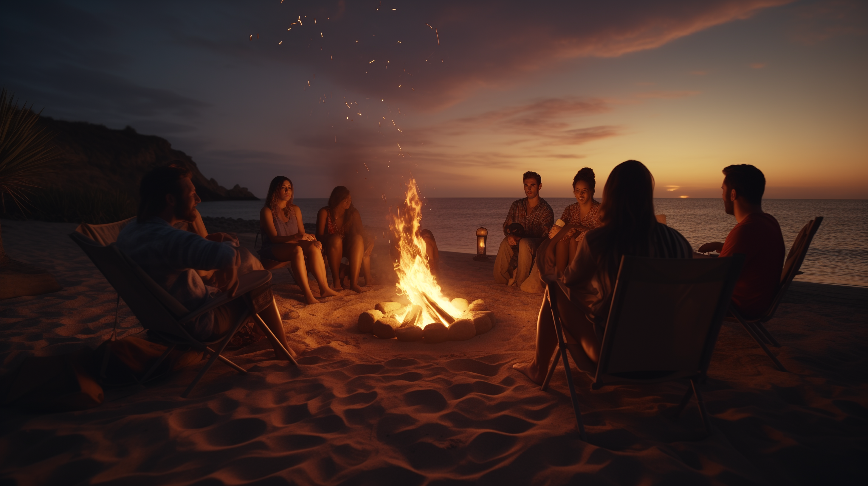Gathering around a beach bonfire at sunset, Baja California Sur